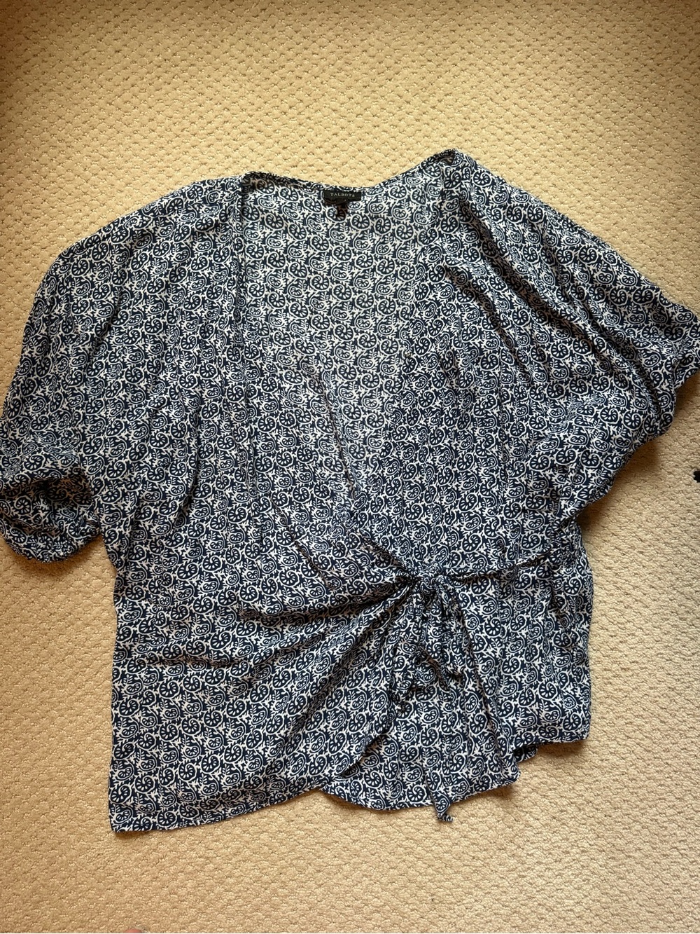 Talbots Navy Blue Printed Tie-Front Blouse